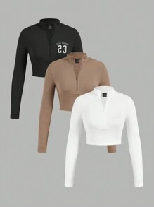 SHEIN EZwear Conjunto de 3 piezas de camiseta de cuello alto acanalada con estampado gráfico n.° 23 y cremallera para mujer, adecuado para primavera y otoño