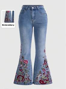 ROMWE Hippie Plus Size Flower Embroidery Flared Jeans, School - Blue - View 1