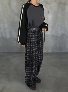 FRIFUL 女士格纹印花抽绳休闲阔腿街头裤 - 黑與白 - 查看 5