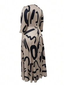 Đầm thường ngày tay dài in họa tiết sọc cỡ lớn cho nữ, mùa thu - Màu Khaki - Xem 4