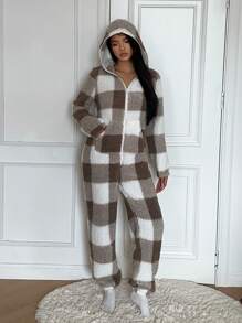 Muchica 女式格子长袖拉链半襟羊毛连帽连体裤，秋冬款