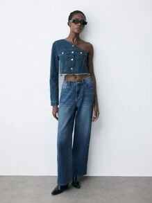 Maija 1 chiếc áo khoác denim dài tay một bên vai màu xanh dành cho nữ - Rửa trung bình - Xem 4