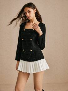 Poéselle 黑色粗花呢连衣裙，新款秋冬学院风百褶下摆拼接圆领百搭迷你连衣裙，秋装，女式拼色方领百褶优雅长袖迷你连衣裙，时尚大气，西服办公室，适合日常、出街、通勤等场合穿着 - 黑色 - 查看 7