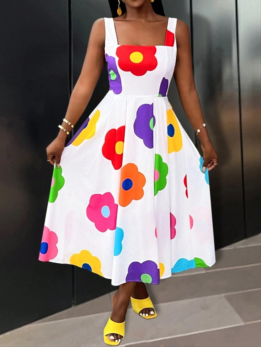SHEIN Slayr Vestido elegante de mujer con cintura suelta, sin mangas, con tirantes anchos y estampado floral blanco - A - Multicolor - Ver 1
