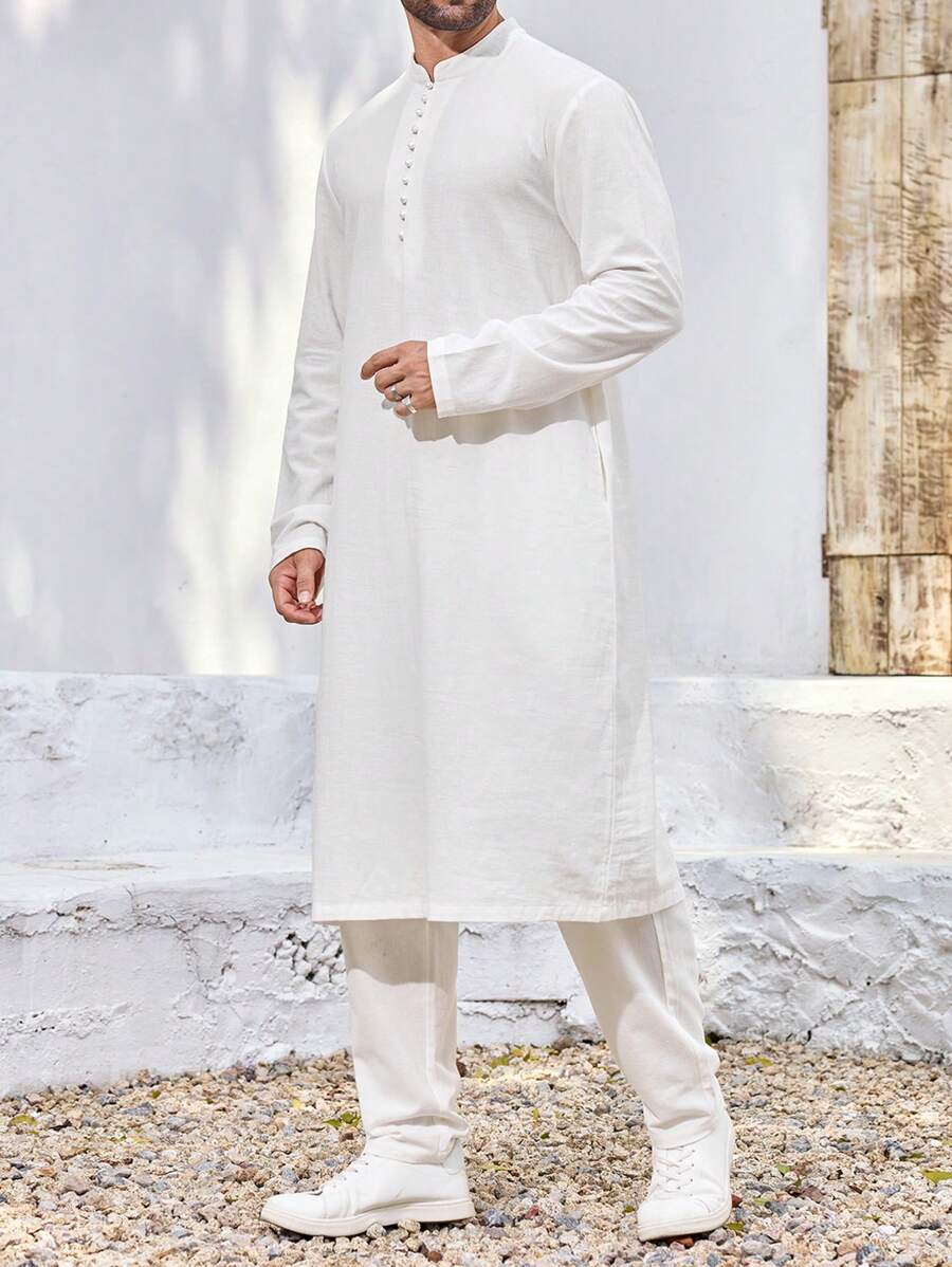 Manfinity Homme Men's White Stand Collar Partial Button Front Long Sleeve Shirt - White - View 1