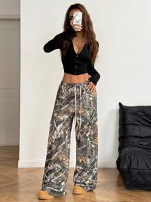 Coolane Women's Spring/Summer Casual Camo Print Drawstring Waist Wide Leg Pants