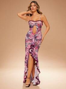 Hauture Vestido maxi con recortes, estampado de mariposas y volantes - Morado - Ver 5