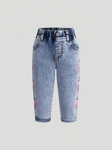 Babymeisjes Nieuwe Mode Roze Strik Geborduurde Gewassen Denim Taps Toelopende Broek - Medium gebleekt - Bekijken 3