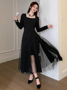 DAZY Women's Solid Color Square Neck Mesh Panel Ruffle Hem Long Sleeve Mid-Length Dress,Fall Clothes - Black - View 2