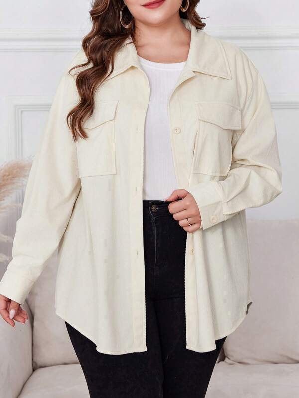 Lacomfia Plus Size Solid Color Button Front Long Sleeve Pocket Casual Jacket
