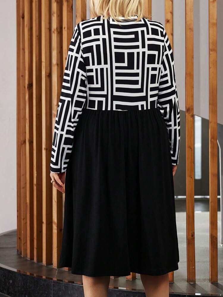 Plus Size Geometric Pattern Patchwork Pocket Crew Neck Long Sleeve Dress