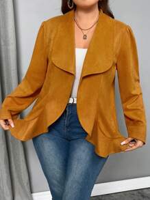 SHEIN Privé Plus Size Faux Suede Lapel Curved Hem Long Sleeve Jacket, Autumn Winter - Khaki - View 5