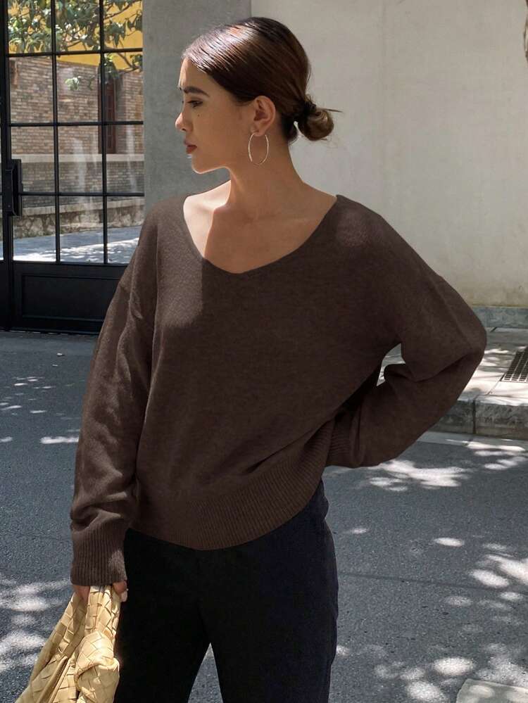 Women's Solid Color Oversized V-Neck Long Sleeve Pullover Sweater,Long Sleeve Tops,Back To School Clothes,Fall Women Clothes