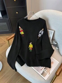 SHEIN LUNE Plus Size Round Neck Long Sleeve Person Graphic Minimalist Casual Pullover Sweater Knit Pullover Fall Winter - Black - View 6