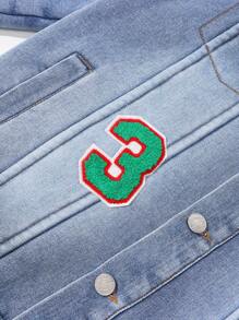 Teen Boys Retro Street Letter & Number Embroidered Patch All-Match Simple Casual Daily Matching Pocket Thermal Lining Thickened Washed Light Blue Long Sleeve Denim Jacket