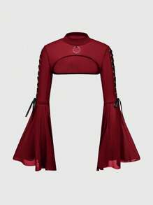 ROMWE Goth 女式抽绳网眼喇叭袖上衣 - 紅色 - 查看 1