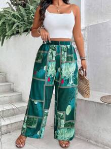 SHEIN LUNE Quần dài đi nghỉ thường ngày in họa tiết cỡ lớn cạp chun - màu xanh lá - Xem 1