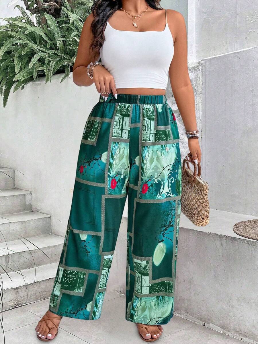 SHEIN LUNE Quần dài đi nghỉ thường ngày in họa tiết cỡ lớn cạp chun - màu xanh lá - Xem 1