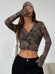 SHEIN EZwear 女士性感豹纹网眼短款开衫，秋季