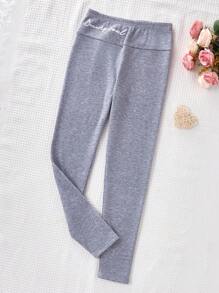 SHEIN Sparklyn Tween Girl Grey Letter Print Casual Comfortable Long Leggings - Grey - View 4