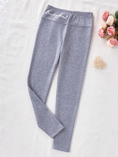 SHEIN Sparklyn Tween Girl 灰色字母印花休闲舒适长款紧身裤