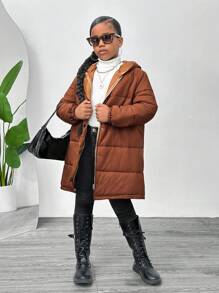 SHEIN Tween Girl Long Hooded Cardigan, Fall/Winter - Mocha Brown - View 3