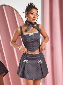 SHEIN SXY Bộ 2 áo crop top ren chấm bi gợi cảm và chân váy mini cho nữ - Nhiều màu - Xem 7