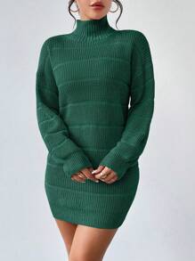 Rafferiza Textured Solid Color Turtleneck Long Sleeve Sweater Dress Fall Winter Cloth For Women - Green - View 6