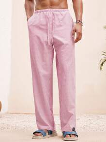 Manfinity VCAY Men Beach Summer Vacation Woven Casual Surfing Seaside Beach Oversize Hawaiian Stripe Linen Pants Beachwear - Pink - View 1