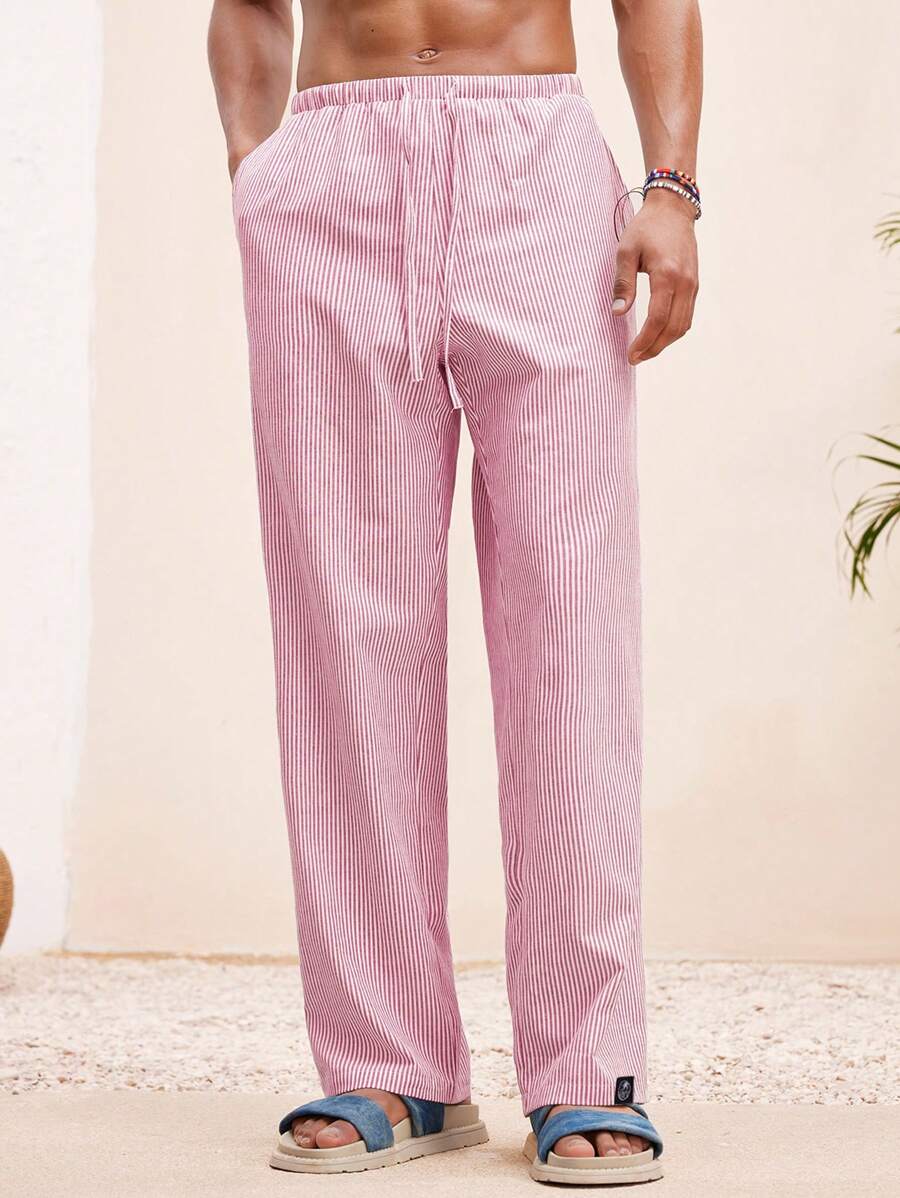 Manfinity VCAY Men Beach Summer Vacation Woven Casual Surfing Seaside Beach Oversize Hawaiian Stripe Linen Pants Beachwear - Pink - View 1