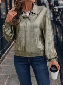 EMERY ROSE Women's Shiny Sequins Long Sleeve Bomber Jacket, Metallic Finish - Dark Grey - View 3