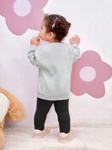 SHEIN Leap Crew Baby Girl Cute Expression Graphic Long Sleeve Sweatshirt With Elastic Waist Pants Set, Autumn/Winter - Multicolor - View 2
