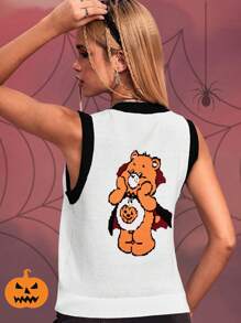 SHEIN X Care Bears 女士撞色边饰字母图案针织毛衣背心