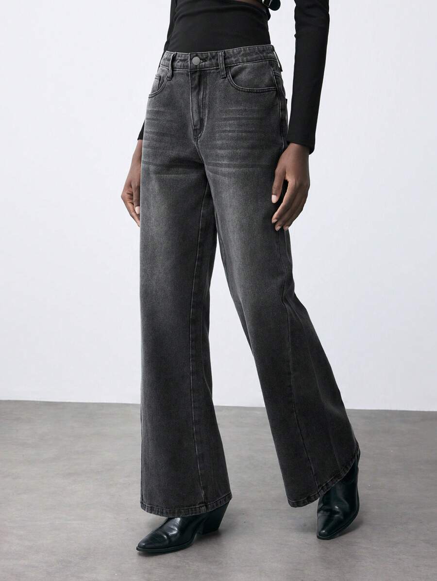 SHEIN Maija Quần Jeans Ống Rộng Lưng Thấp Thường Ngày Cho Nữ, Màu Đen - màu đen - Xem 1