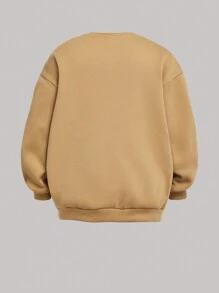 2pcs Set Tween Girls' Loose Casual Chic Embroidered Sweatshirt And Tapered Sweatpants, Thermal Lined , Thickened - Khaki - View 7