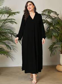 Mulvari Plus Size Solid Color Lantern Sleeve Long Casual Dress for Autumn Maxi Women Outfit - Svart - Visa 3