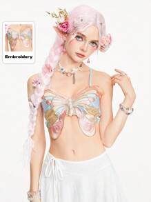 ROMWE Fairycore Women's Summer Butterfly Shaped Slim Fit Cropped Cami Top - Multicolor - View 1