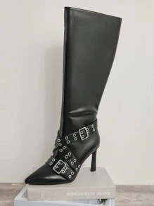 SHUZIA Pointy Toe Boots Hardware On Straps - Black - View 5