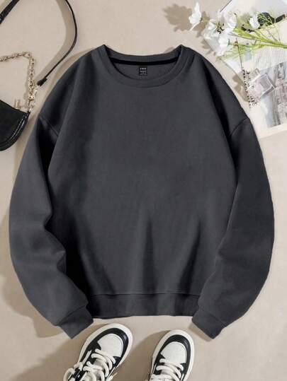 Flirla Plus Size Women's Solid Round Neck Thermal Lined Sweatshirt, Winter Graduation,Back To School Outfits,Graduation,Teacher Outfits For Women,Back To School Pullover Fall Outfit Autumn