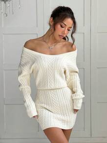 SHEIN EZwear 秋冬女士纯色露肩长袖毛衣裙 - 杏色 - 查看 4