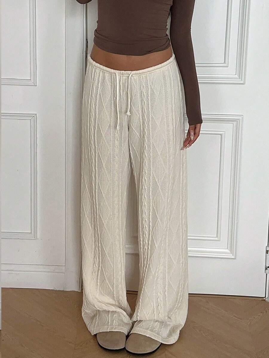 SHEIN EZwear Quần ống rộng dệt kim xoắn mới cho nữ, mặc ở nhà thoải mái - Màu be - Xem 1