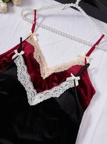 SilkySpell 2 pezzi/Set Camicia da notte da donna in velluto con inserti in pizzo, spalline a spaghetti, abbigliamento autunno inverno
