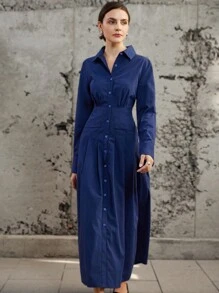 Aveloria Modichic Elegant Office Style Solid Color Pleated Design Waisted Shirt Dress Dress With Long Flared Hem - Navy Blue - View 1