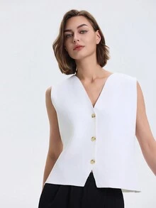 Áo len dệt kim cổ chữ V rộng cài nút phía trước màu trơn - trắng - Xem 5