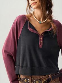 Bohemela Lässige Loose Bluse für Frauen mit V-Ausschnitt, Farbblock-Raglanärmeln und Langarm