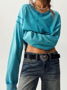 Bohemela Women's Casual Solid Color Knit Dropped Shoulder Loose Fit Sweatshirt - Mint Green - View 3