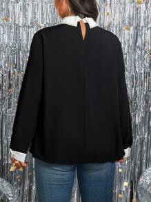 SHEIN Clasi Blusa de manga larga con cuello vuelto de color de contraste para mujeres de talla grande - Blanco y Negro - Ver 2
