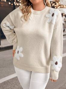 SHEIN LUNE Plus Size Crew Neck Long Sleeve Floral Pattern Simple Casual Pullover Sweater - Apricot - View 5