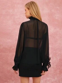 Enchnt Camisa de manga larga de cuello alto transparente con botones frontales de unicolor para mujer - Negro - Ver 2