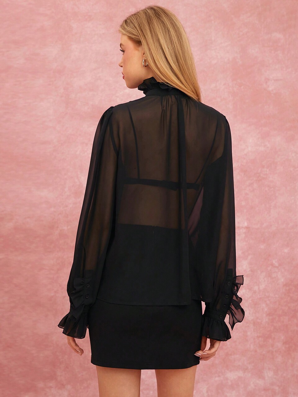 Women's Solid Color Stand Collar See-Through Button Front Long Sleeve Shirt